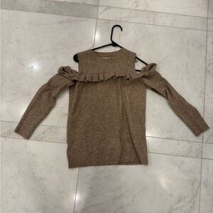 Brown Ruffle Cold Shoulder Sweater